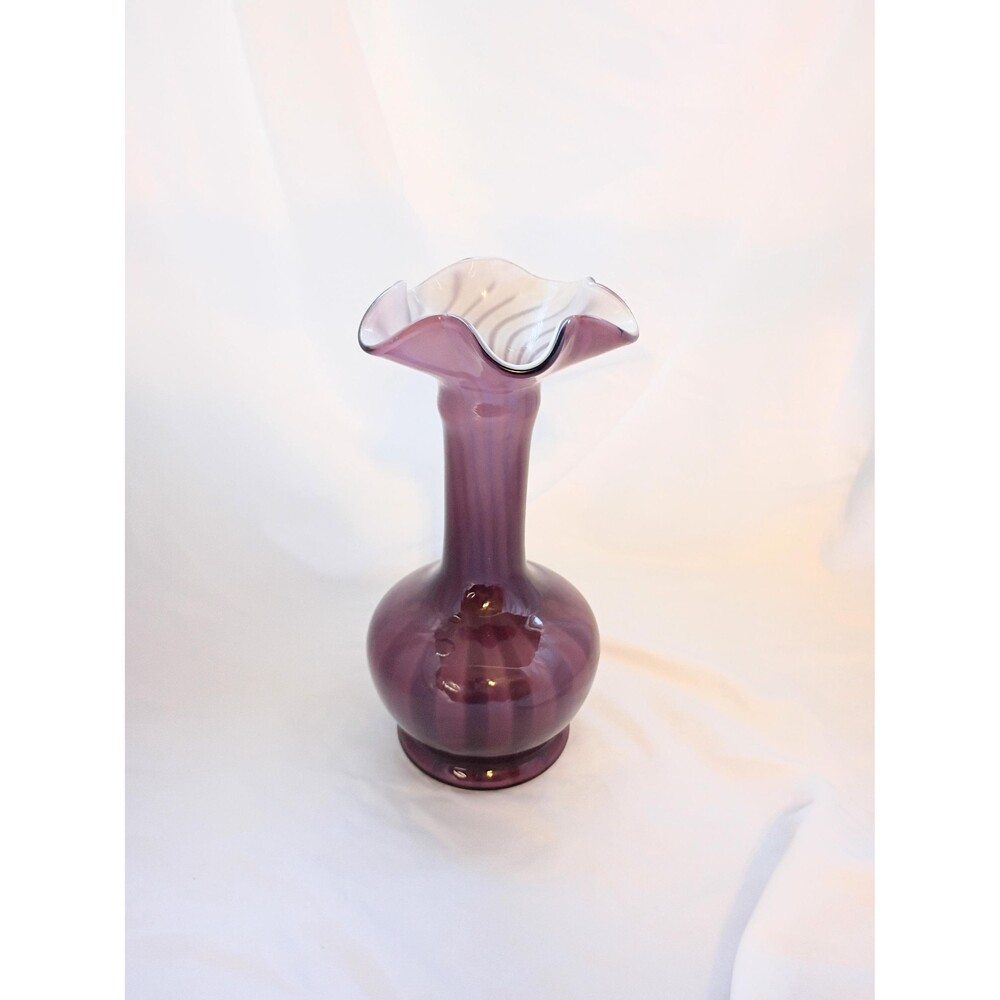 Handblown Glass Vase with Ruffled Top Purplish Brown with White Interior